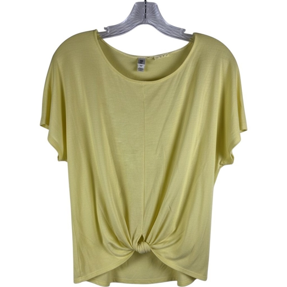 AGB Top Women Large Yellow Front Knot Lace Crochet Back Short Sleeve Blouse